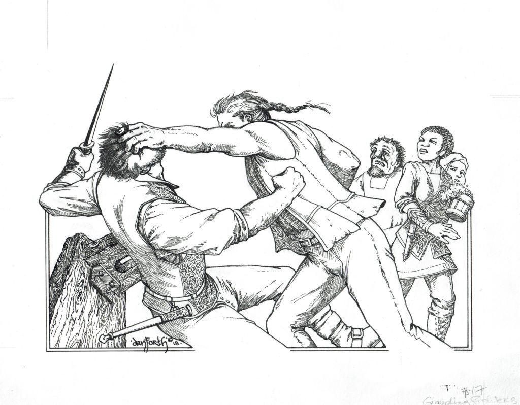 Two men in a fantasy setting (apparently a tavern) have gotten into a fight. One has a dagger out. Onlookers seem alarmed their beer will get spilled. Ink drawing.