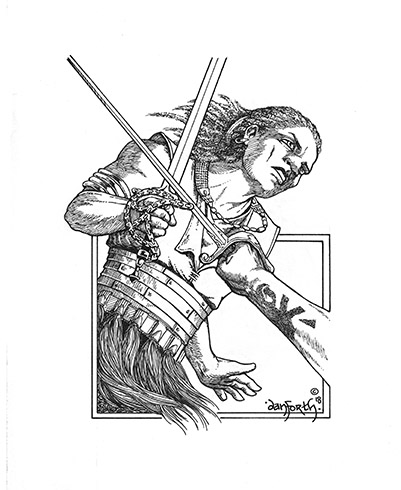 An ethnic fantasy warrior in armor uses their sword to parry an attacker's blade. The attacker's arm comes from off-screen and their forearm has an unusual tattoo.