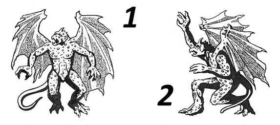 Two numbered ink drawings of gargoyles on a blank background.