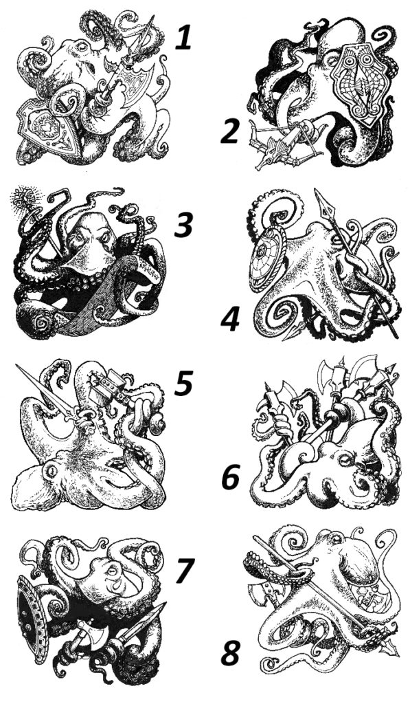 Eight numbered ink drawings of fantasy octopi, all with weapons, shields, or magic scrolls.