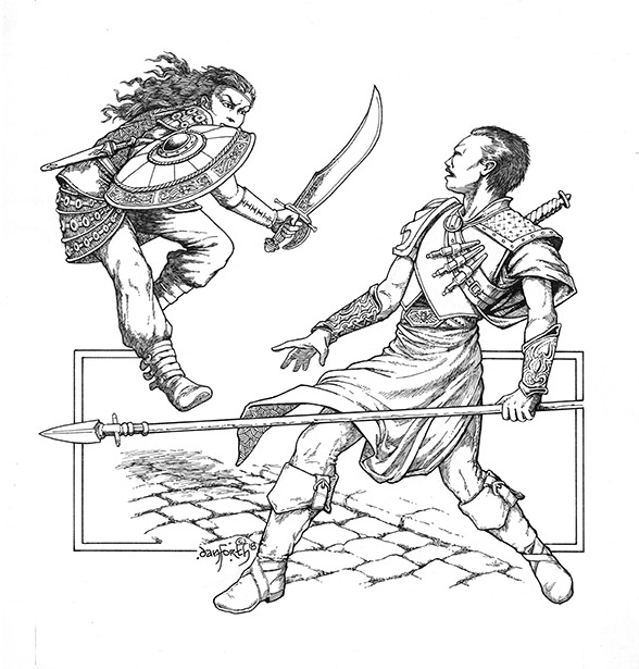 An armored woman with shield and short sword leaps on a surprised man holding a spear.