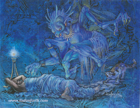 Originally entitled "Dream Magic" about nightmares for the L5R "Burning Sands" supplement. There's an ancient Egyptian demon that haunts the night, and goes about with her feet on backwards. Creeeeeptastic.
