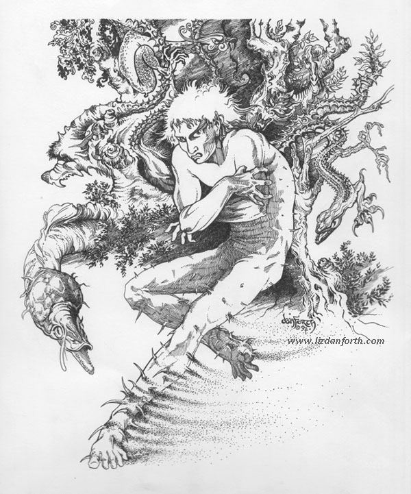 Ink drawing of an elf surrounded by monsters, undergoing some kind of painful transformation.