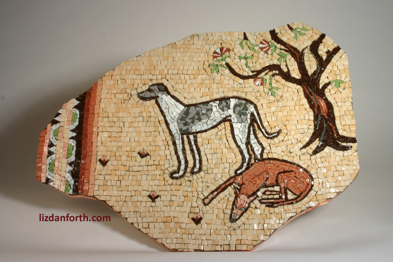 The concept here was to make something that looked like it could have been cut out of one of the walls of Pompeii, or stolen from a lost villa somewhere. Greyhounds of Pompeii