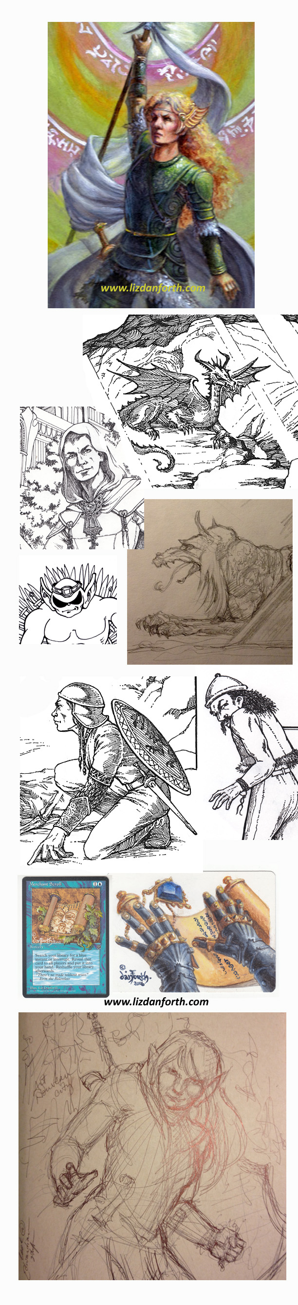 Reading top down and left to right: Champion; Trouble; Birthday Boy; Grimtooth, a Drat; Adventurer; Crotch the Barbarian: Greenman Scroll alteration; Gauntlets Scroll painting; and warrior sketch. Combined pics