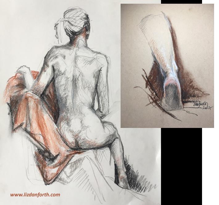 sketch, original art, Conte, drawing, female, model, life drawing, ankle, study