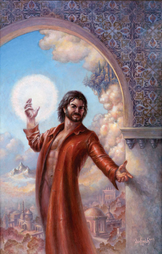 The published image was strategically cropped. This was "working as intended" and I designed the painting with that in mind. While risqué full length, it still remains safely this side of PG-13. Barely. magician, rogue, wizard, spellcasting, magic, bearded, bare-chested, sexy