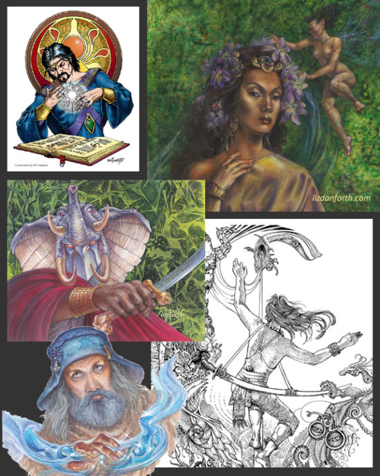 To show the range of my abilities and publications, I included old and new paintings, recent inkwork, the iconic T&T mage colorized by Crompton. This was pretty much "best of show" for me. original art, painting, mage, magician, Tunnels & Trolls, beautiful, wizard, elephant, Iron Crown, MERP, ccgs, inkwork, illlustration, elegant, fairy