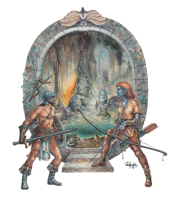 Fantasy adventurers standing before stone gate into cavern