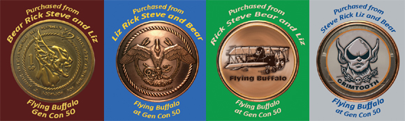 stickers, coins, "purchased from Flying Buffalo at Gen Con 50"