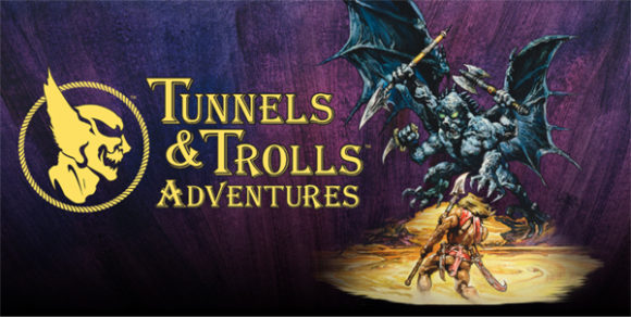 Fantasy art, monster fighting warrior, logo "Tunnels & Trolls Adventures"