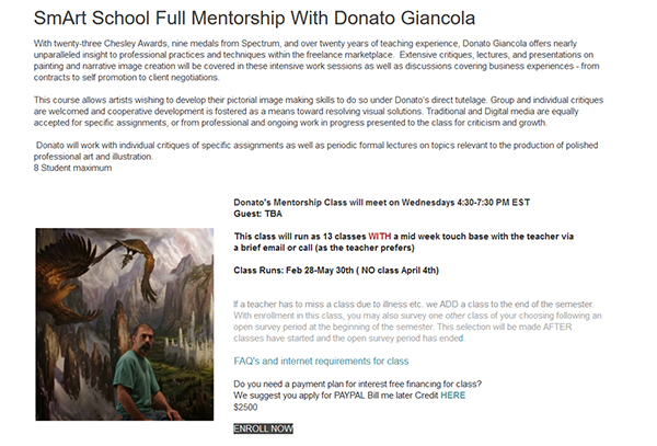 A page of mostly text describing the SmART School Mentorship with Donato Giancola, and a picture of Donato against one of his Middle Earth paintings.