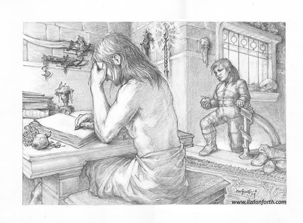 A graphic drawing of a man sitting barechested at a table, writing, while a dwarvish woman brings him an apple. Medieval-style weapons and magic staffs hang on the wall.