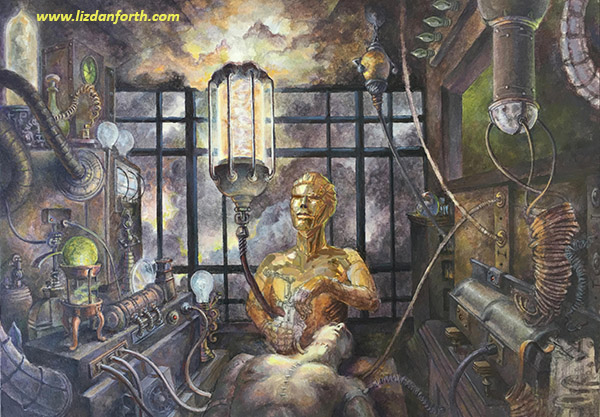 Painting of a golden-metallic "Dr Frankenstein" building a human in a steampunk-like laboratory while a storm rages out the window. 